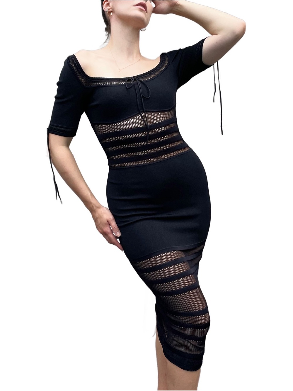 House of CB Mila Black Stretch Knit Bodycon Midi Cocktail Dress Small